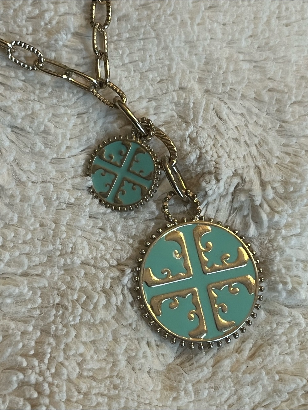Gold-Tone Turquoise Color Faux Tori Burch Medallion Pendant Long Necklace - Picture 5 of 6